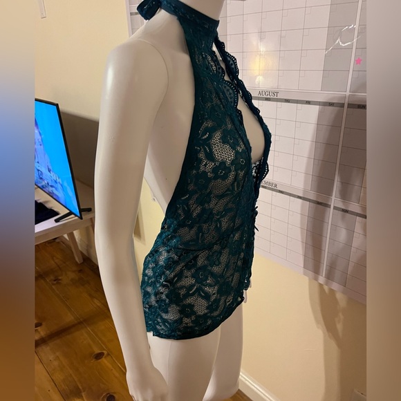 Teal Deep V Halter One Piece Teddy Bodysuit lingerie Crotchless size medium - Picture 3 of 7